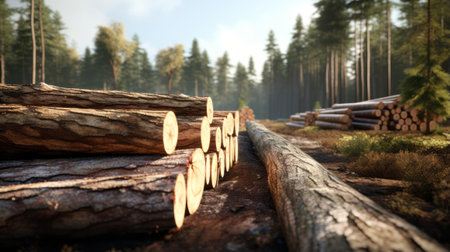 A stack of logs in a peaceful forest settingの素材