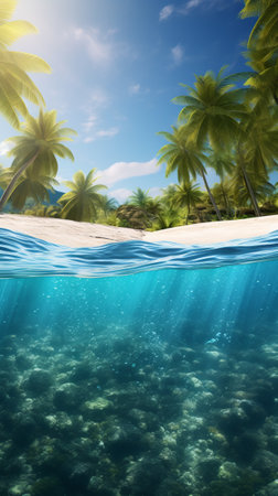 A tropical paradise with palm trees and crystal clear waterの素材