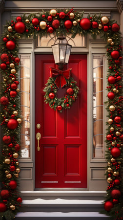 A festive red door adorned with Christmas wreaths and ornamentsの素材