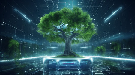 A tree in the middle of a city at nightの素材