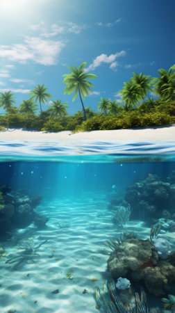 A vibrant tropical island paradise with lush palm trees and crystal clear blue watersの素材