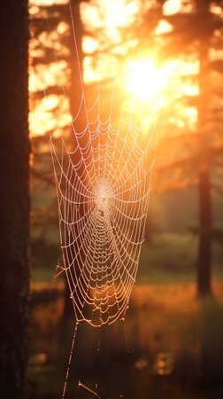A stunning spider web against a beautiful sunset backdropの素材