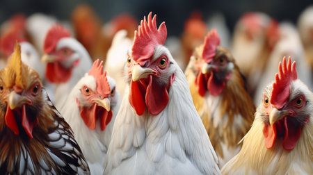 A flock of chickens standing together in a fieldの素材