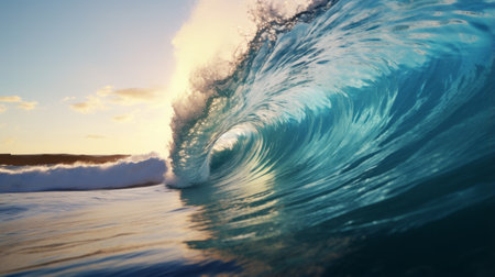A powerful blue wave crashing onto the shoreの素材
