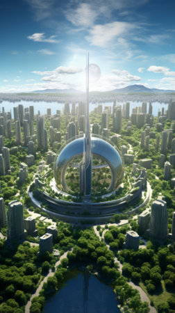 A futuristic cityscape with a stunning natural backdrop of lush trees and serene waterwaysの素材