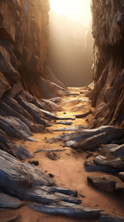 The sun illuminating a narrow canyonの素材