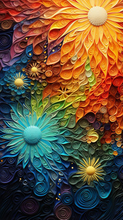 A vibrant floral painting with whimsical bubble accentsの素材