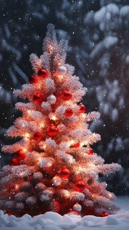 A festive Christmas tree adorned with red and white ornaments standing in a snowy landscapeの素材