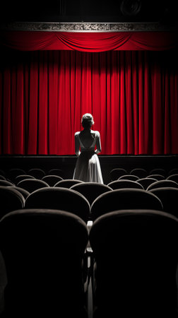 Young woman opening red stage curtain and looking at light coming from behind.generative aiの素材