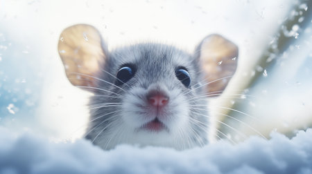 A gray mouse looking out of a windowの素材