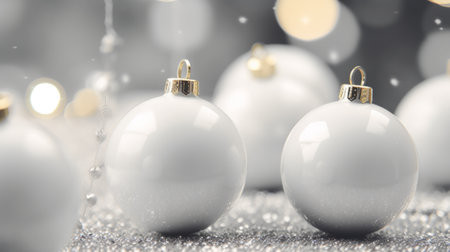 Silver christmas ornaments sitting on top of a tableの素材
