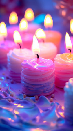 A group of lit candles on a table creating a warm and cozy atmosphereの素材