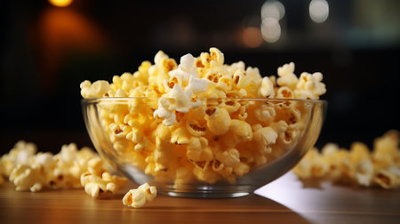 A bowl of popcorn on a wooden tableの素材