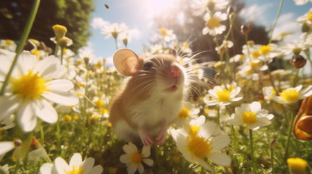 A mouse sitting in a field of daisiesの素材
