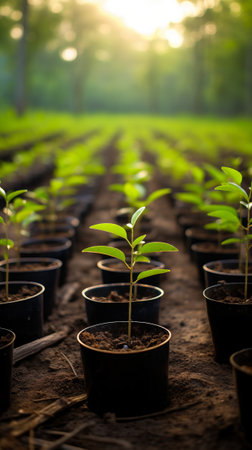A row of small trees in a picturesque fieldの素材