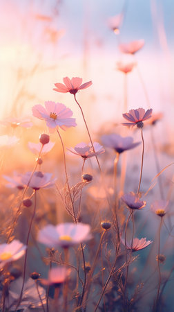 A vibrant field of pink flowers with the sun shining in the backgroundの素材
