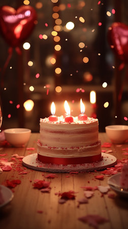 A birthday cake with lit candles on a tableの素材