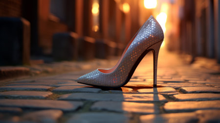 A pair of silver high heeled shoes on a streetの素材