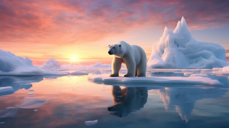 A majestic polar bear standing on an icy ocean landscapeの素材