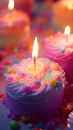 a close up of a group of candles with flowers on it and ornaments around it on a table with a purple background and a purple backgroundの素材