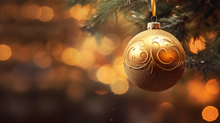 A beautiful golden ornament hanging from a Christmas treeの素材