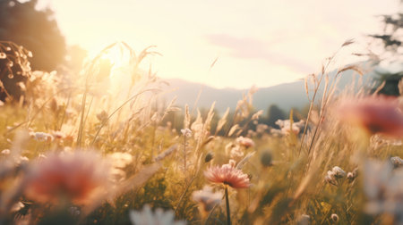 A vibrant field of blooming flowers with the sun shining in the backgroundの素材