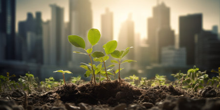A new plant emerging in front of a vibrant city skylineの素材