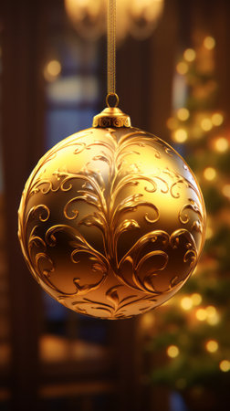 A shiny golden Christmas ornament hanging from a stringの素材