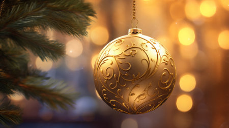 A beautiful golden ornament hanging from a Christmas treeの素材