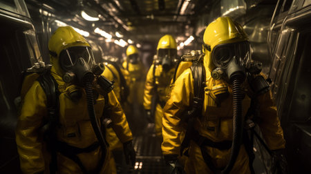 A group of people wearing yellow suits and gas masksの素材