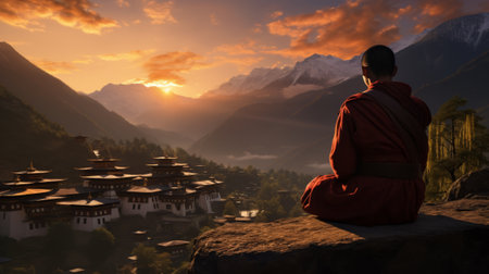 A person enjoying a scenic view of a village from atop a cliffの素材