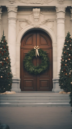A beautiful wooden door adorned with a festive wreathの素材