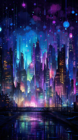 A vibrant cityscape illuminated by the lights of the nightの素材