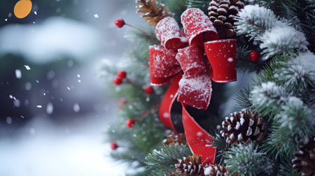 A beautifully decorated Christmas tree with a festive red bowの素材