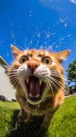 An energetic cat with its mouth wide open in a vibrant grassy settingの素材