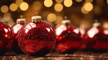 A festive arrangement of red Christmas ornaments on a tableの素材