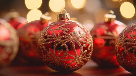 A festive display of red Christmas ornaments on a tableの素材