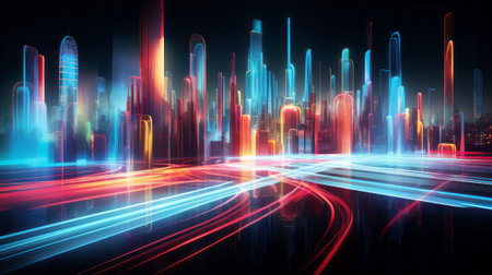 A vibrant cityscape illuminated by neon lightsの素材