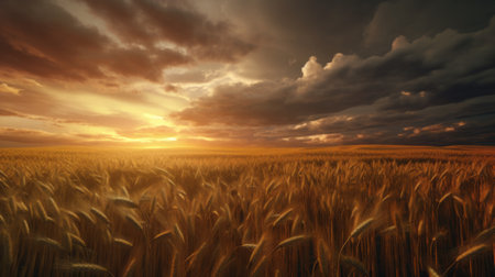 A picturesque wheat field under a dramatic cloudy skyの素材