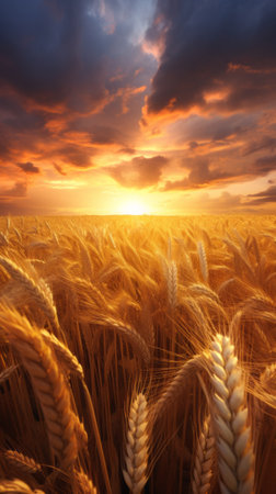 A beautiful sunset over a golden wheat fieldの素材