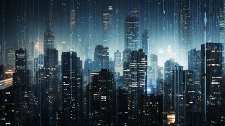 A rainy cityscape at nightの素材