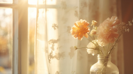 A vibrant vase of flowers sitting in front of a sunlit windowの素材