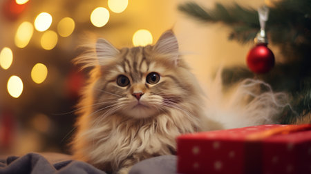 A cute cat sitting next to a beautifully decorated Christmas treeの素材