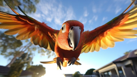 A vibrant parrot in mid-flightの素材