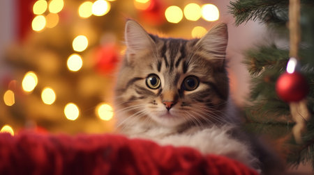 A cat sitting in front of a beautifully decorated Christmas treeの素材