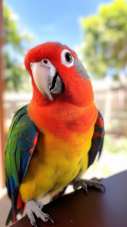 A vibrant parrot perched on a rustic wooden tableの素材
