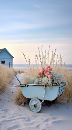 A colorful wheelbarrow filled with vibrant flowers on a sandy beachの素材
