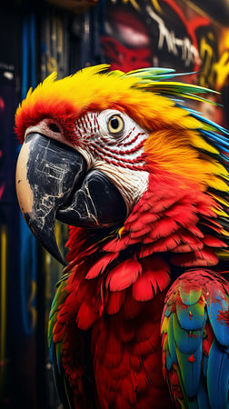 A vibrant parrot with a striking black beakの素材