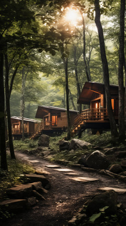 A peaceful retreat in the heart of nature, surrounded by charming cabins and a picturesque pathwayの素材
