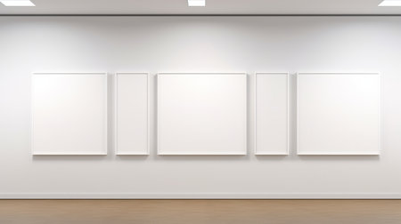 An empty room with four blank canvases on the wallの素材